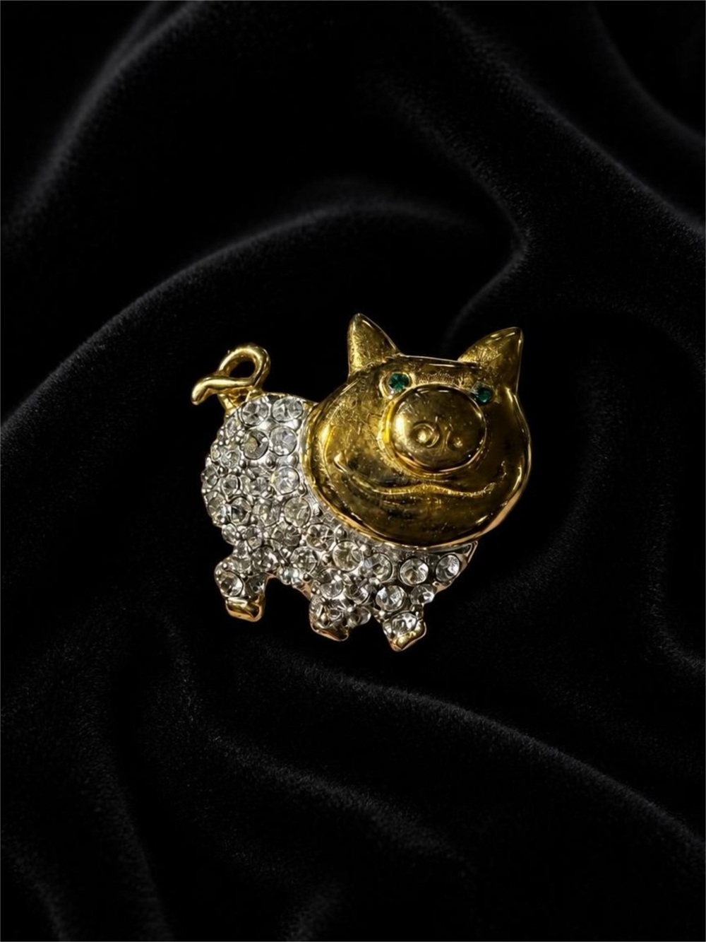Gold and Crystal Pig Brooch with a Curly Tail and Green Eyes